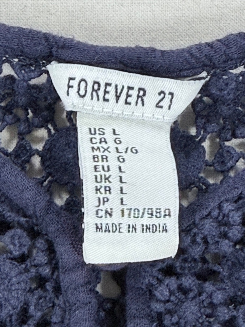 Forever 21 Navy Blue Boho Crochet Lace Yoke Blouse - Size Large - Picture 3 of 5